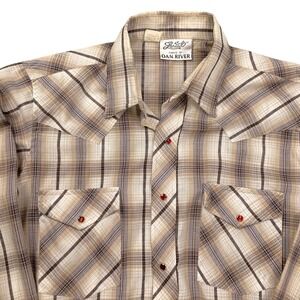 Lariat Dan River Shirt Mens 15.5 33 Tan Brown Plaid Western Snap Rockabilly USA